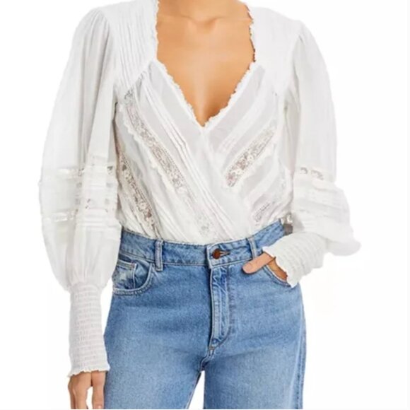 Free People Intimately Eloise Bodysuit Puff Sleeve Lace & Pleated Details NWOT S - Picture 1 of 14